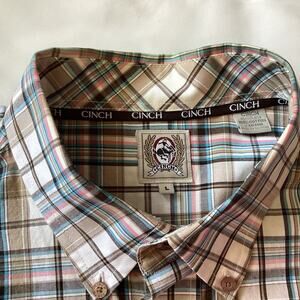 Cinch Button Western Down Shirt - L Plaid Brown,  Cowboy Ranch Rodeo Workwear